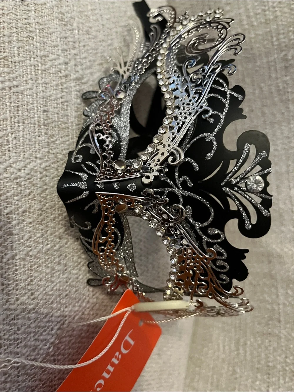 Dancing Queen Black and Silver Filigree Masquerade Mask with Rhinestones
